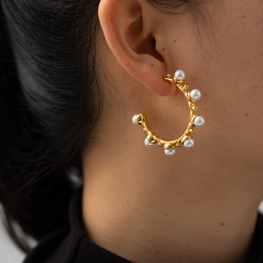 C-Shaped Stainless Steel Pearl Earrings