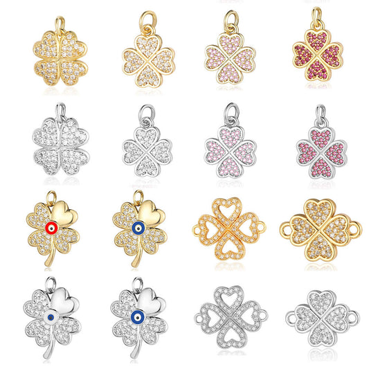 Copper inlaid zircon DIY four-leaf clover pendant.