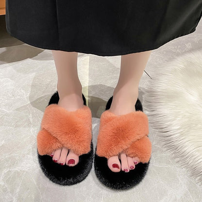 Rabbit fur cross slippers