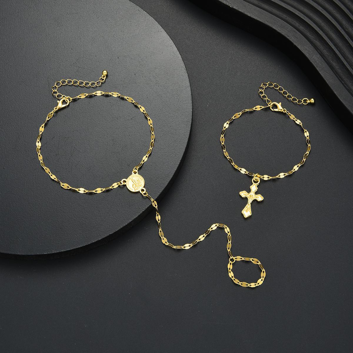 Coin Pendant Cross Finger Bracelet Set
