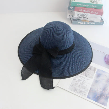 Beach Straw Hat Wide-Brim UV Protection Foldable with Bow