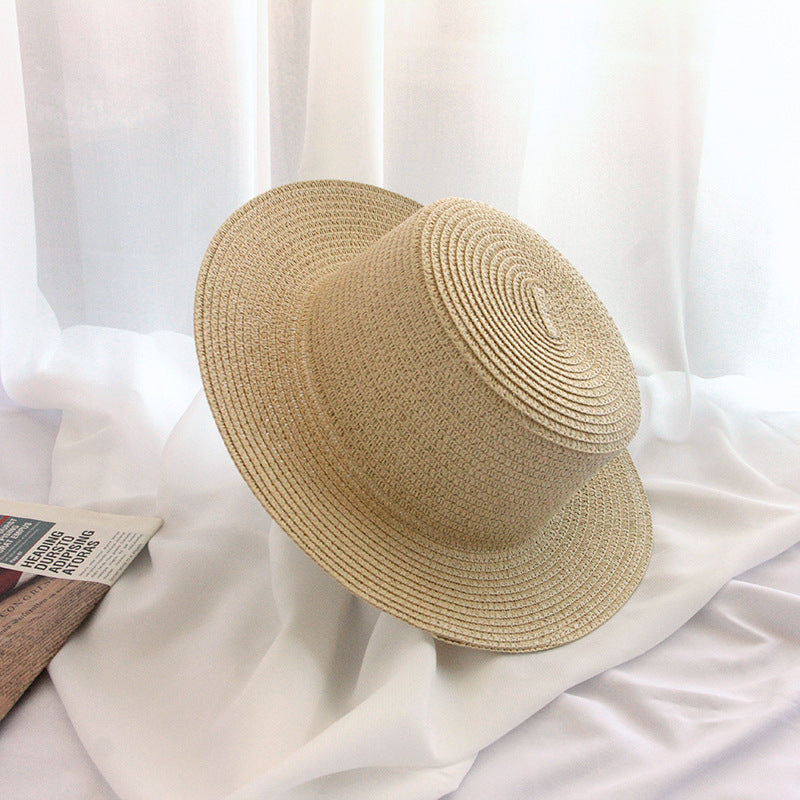 7cm Brim Flat Top Sun Hat Summer Wide-Brim Beach Straw Hat