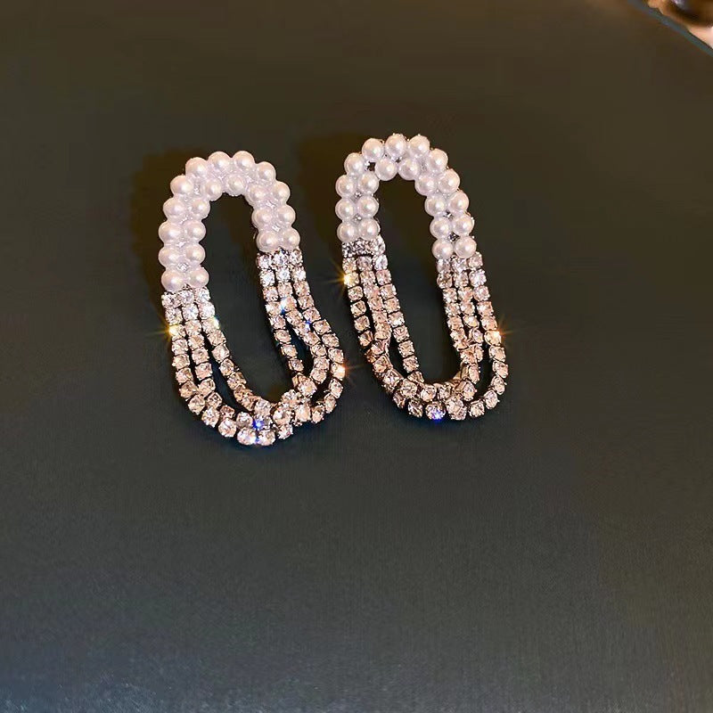 Diamond Pearl Oval Tassel Earrings