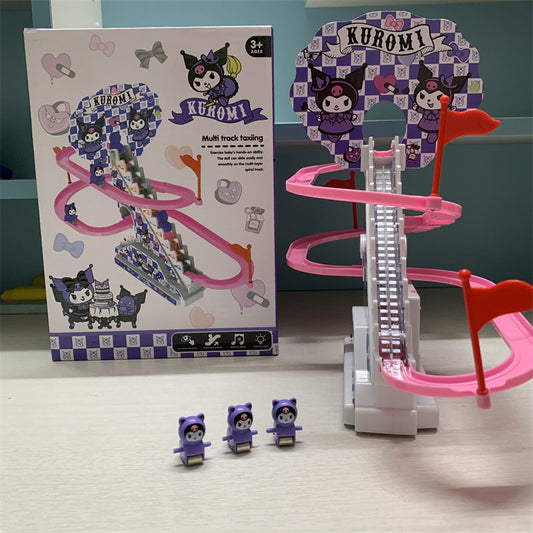 Sanrio-pista deslizante eléctrica para subir escaleras, juguete con sonido y luz, coche de pista eléctrico educativo Kuromi para niños 