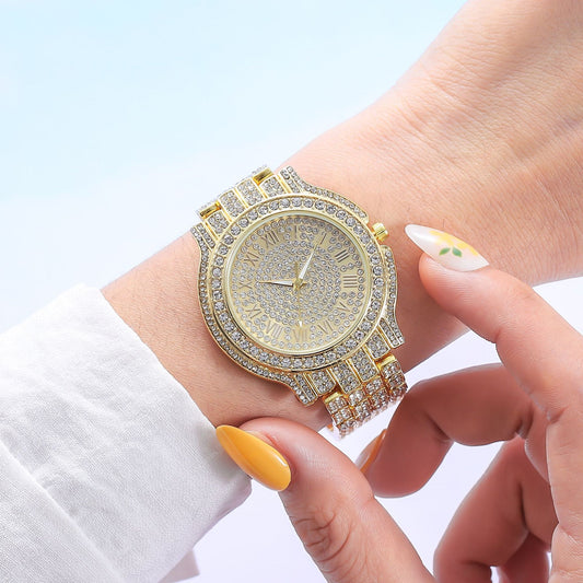 Reloj de cuarzo con números romanos y diamantes de imitación 