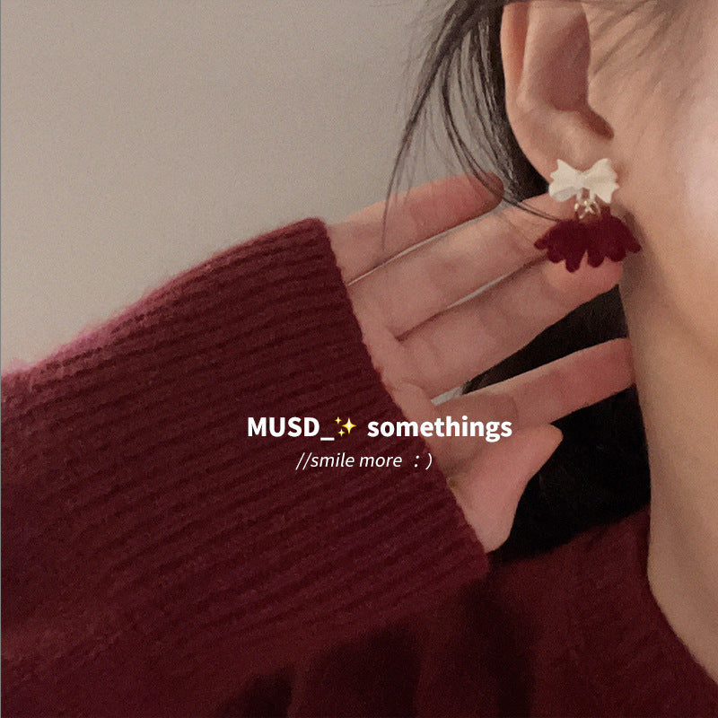 Burgundy Velvet Flower Bow Earrings