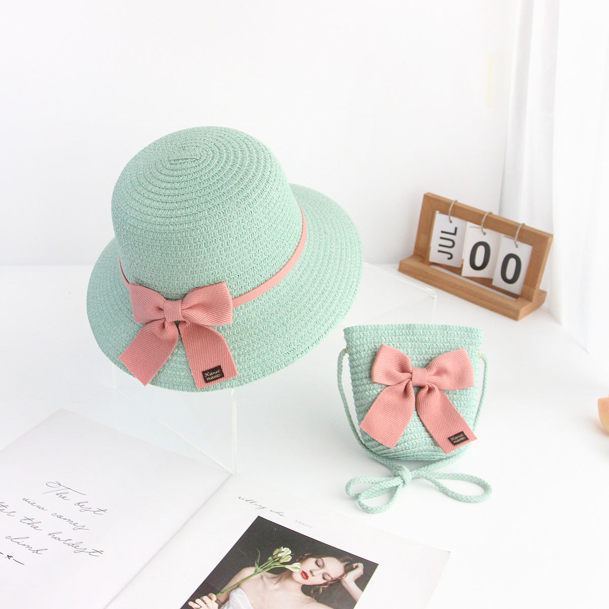 Straw Sun Hat for Kids Lace Bow 2-Piece Set