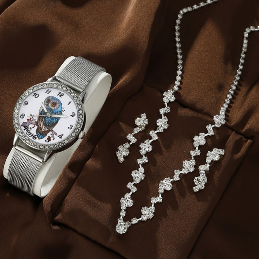Owl Pointer Quartz Watch Jewelry Set