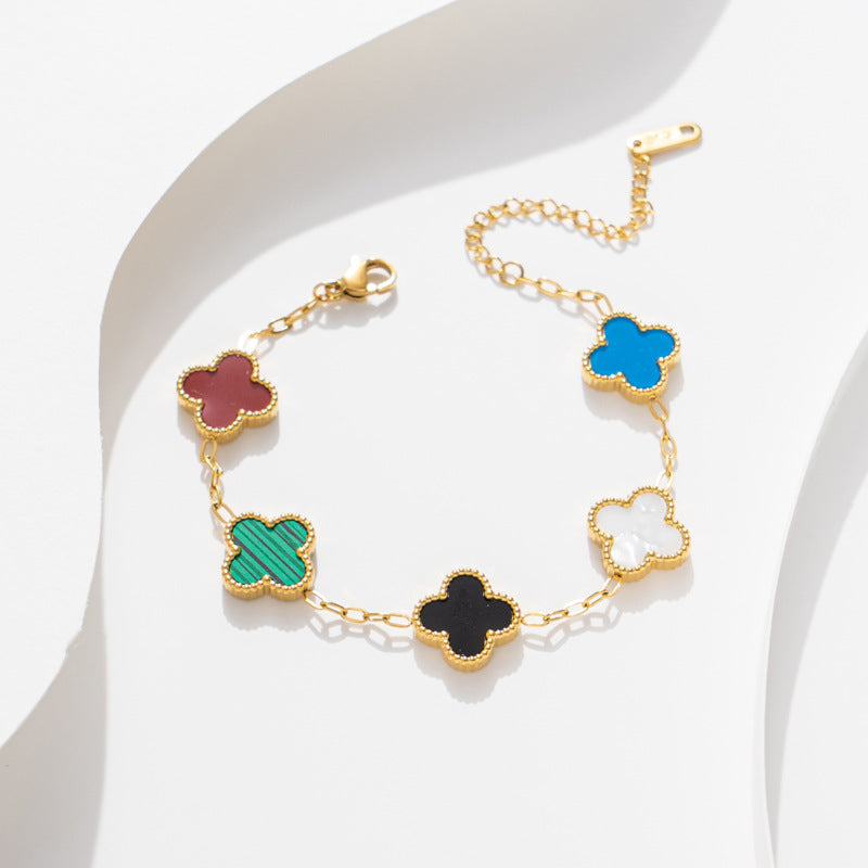 Elegante pulseira de aço titânio trevo de quatro folhas de dupla face para mulheres, simples e elegante 