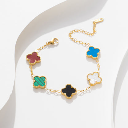 Elegante pulseira de aço titânio trevo de quatro folhas de dupla face para mulheres, simples e elegante 