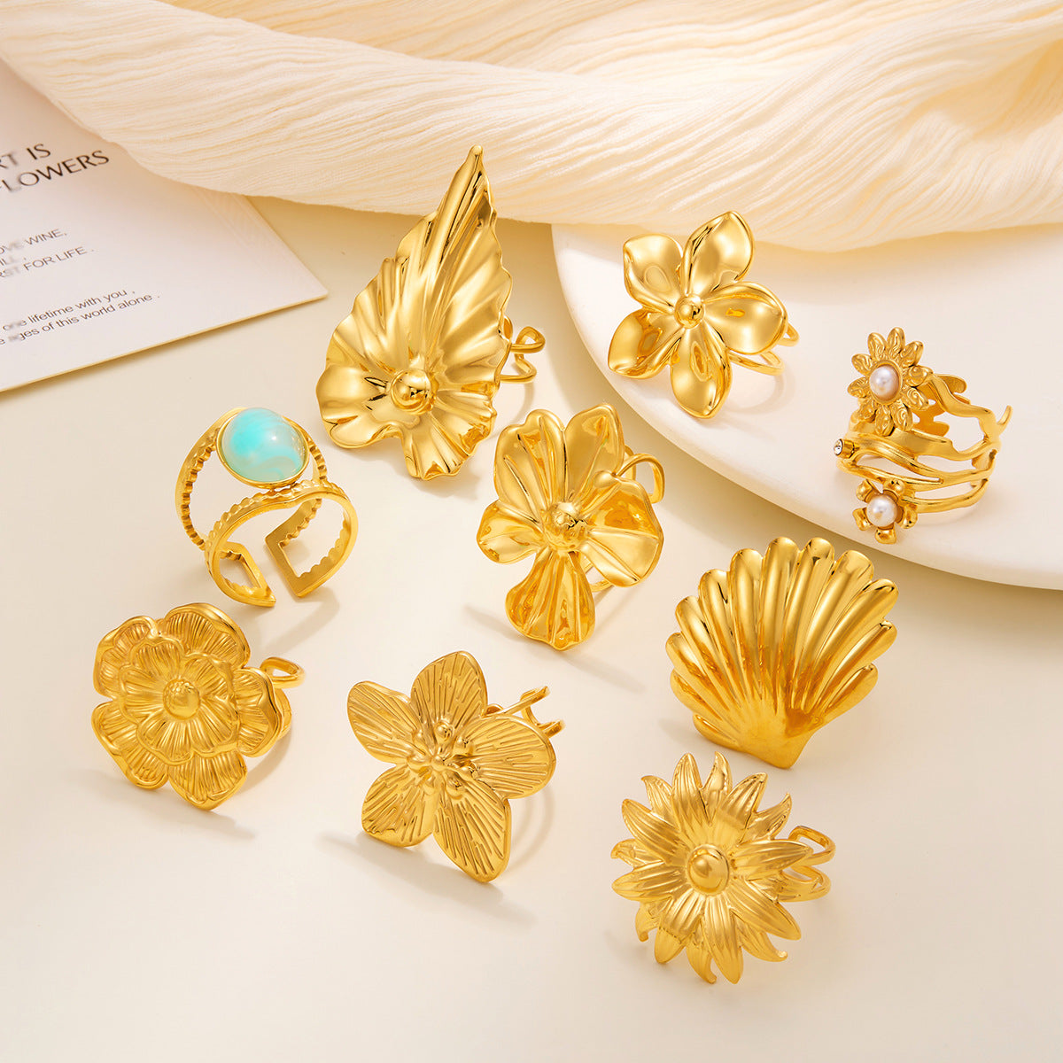 Gold Titanium Steel Flower Ring