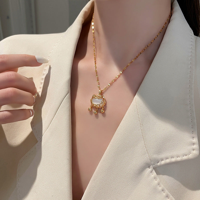 Women's 18K Gold-Plated Titanium Steel Cloud Lock Necklace with White Cat's Eye