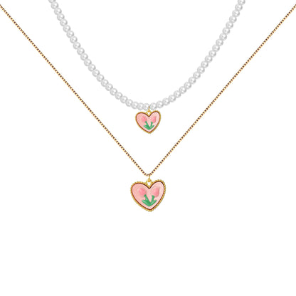 Double Tulip Heart Pendant Necklace