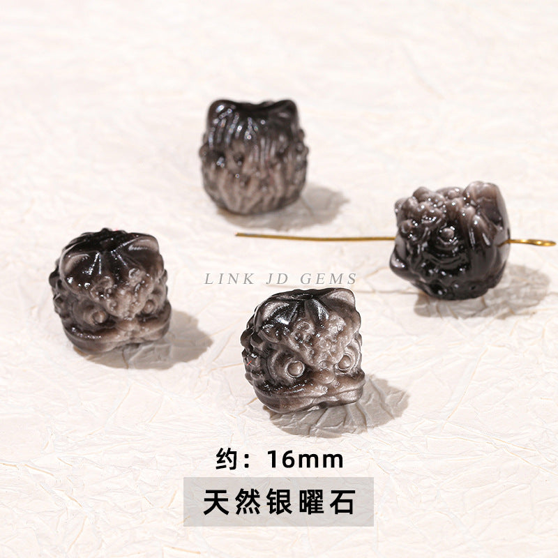 Cuentas sueltas con grabado de cabeza de león de obsidiana plateada y cristal 