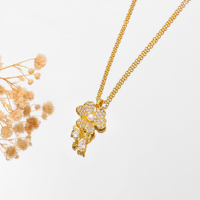 Women's Titanium Steel Clover Pearl Fringe Collarbone Necklace