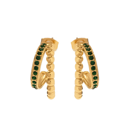 C-shaped double-layer green diamond earrings