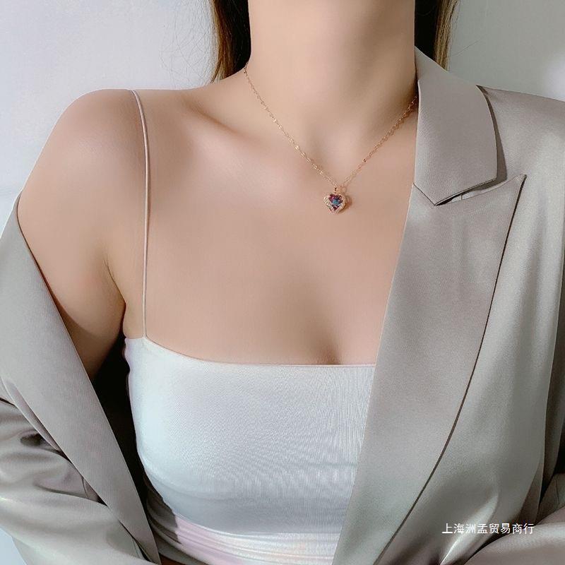 Titanium Steel Peach-Heart Colored Crystal Love Necklace