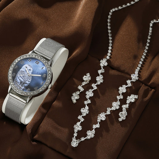 Watch Rhinestone Necklace Earrings Set