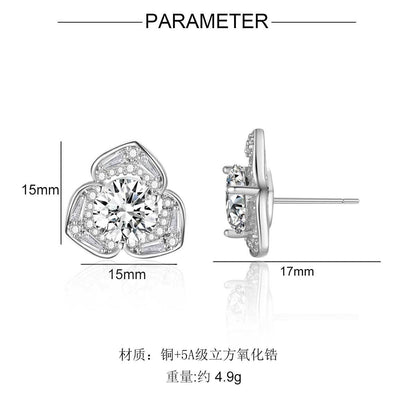 Copper inlaid 5A zircon camellia stud earrings
