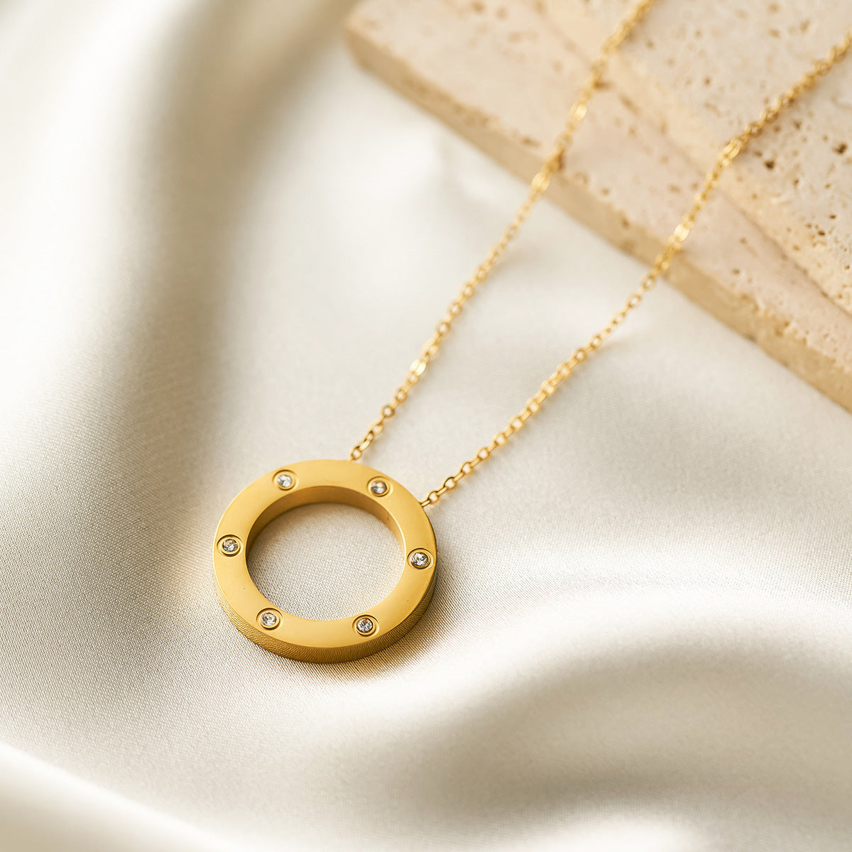 Titanium Steel Statement Ring Pendant Necklace — 18K Gold-Plated, Diamond Finish, Non-Fading