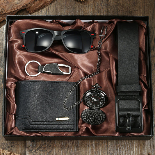 Pocket watch wallet round black 5-piece combination