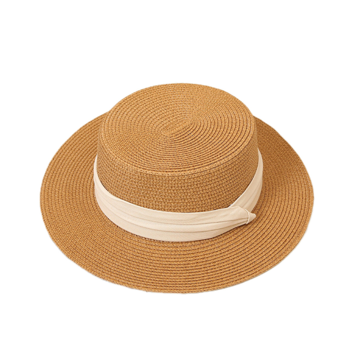 Flat-Top Straw Hat French-Style Summer Wide-Brim Sun Hat