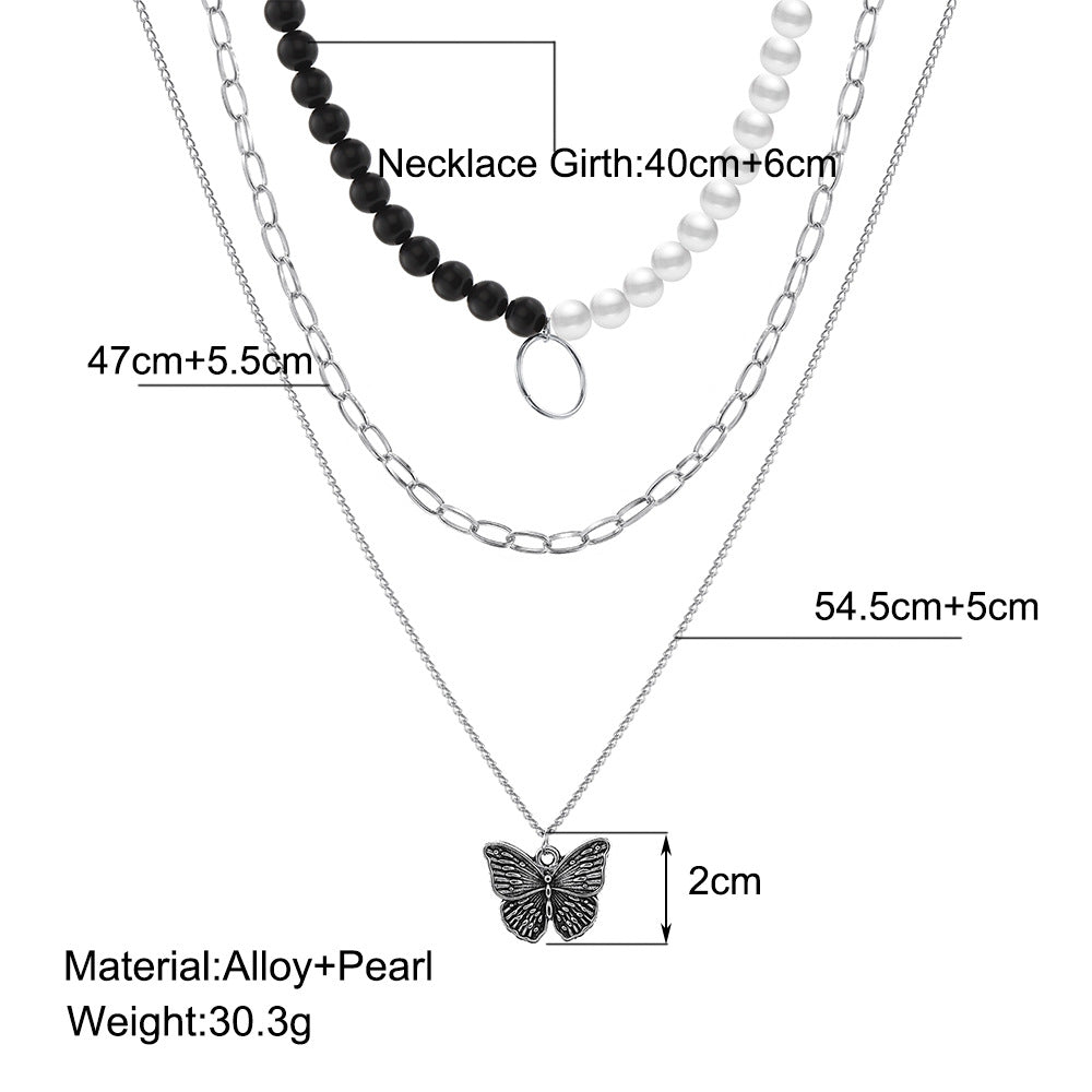 Butterfly Pendant Multi-layer Necklace Black and White Beads