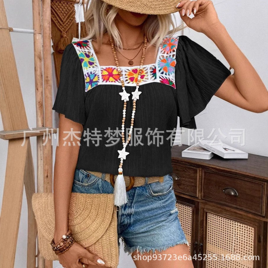 Square Neck Lace Short Sleeve Shirt