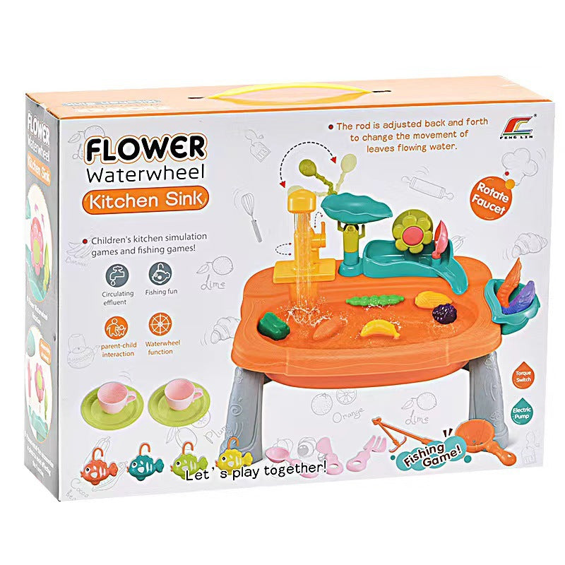 Children's Toy: Electric Flower Waterwheel Dishwasher 3-in-1 Vegetable Washing Basin with Circulating Water Fishing Plate Pretend Play