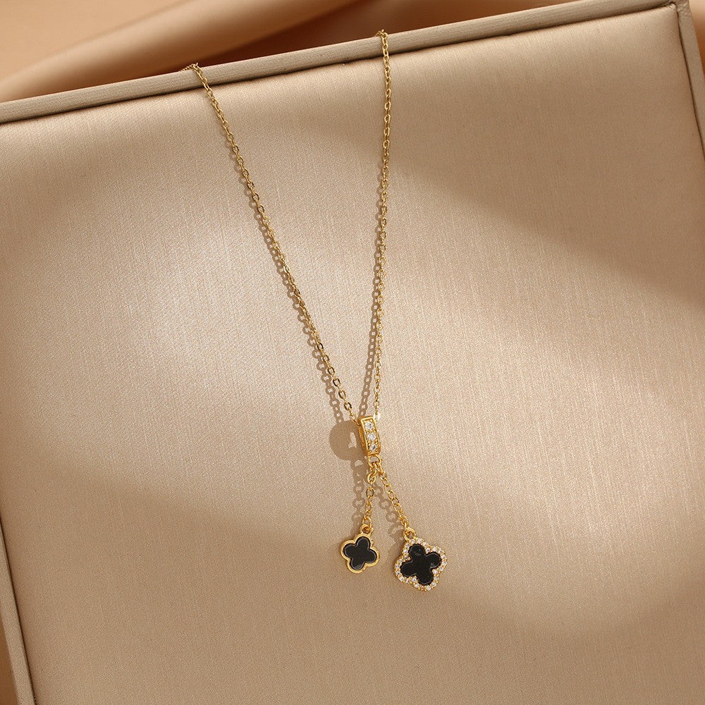 Titanium Steel Clover Necklace with Zircon Tassel — Women's Clavicle Chain
