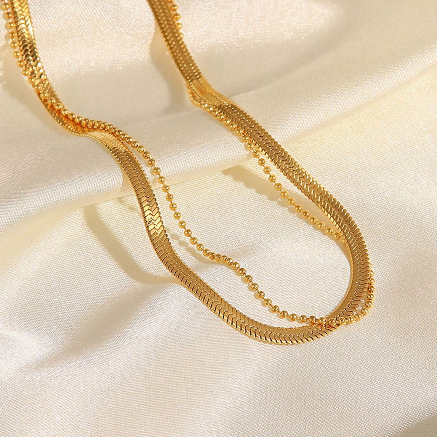 Tobillera de doble capa con cadena de serpiente y cuentas pequeñas 