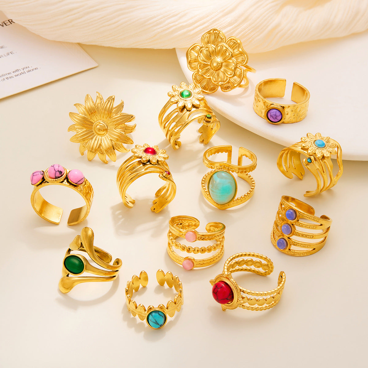 Gold Titanium Steel Flower Ring