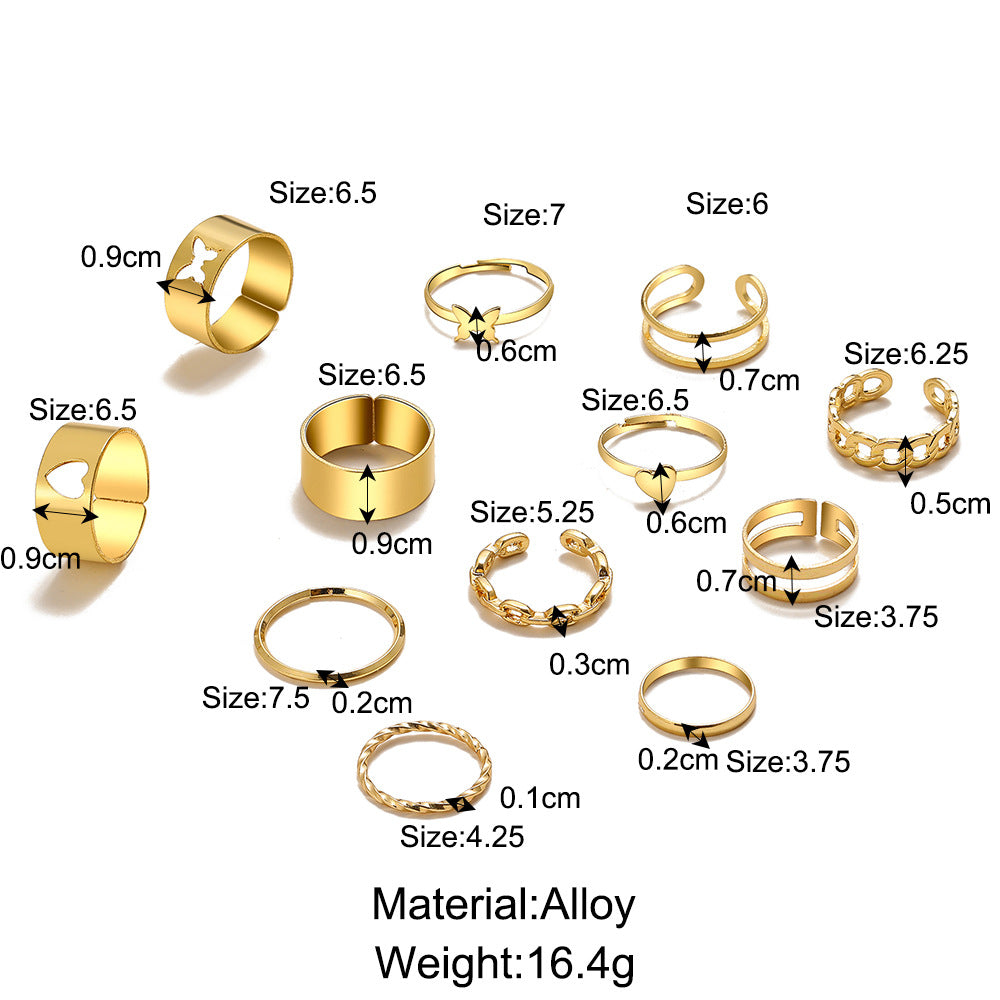 12-Piece Hollow Butterfly & Love Ring Set