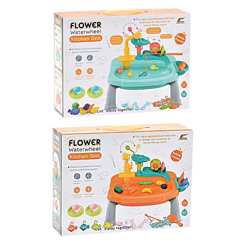Children's Toy: Electric Flower Waterwheel Dishwasher 3-in-1 Vegetable Washing Basin with Circulating Water Fishing Plate Pretend Play