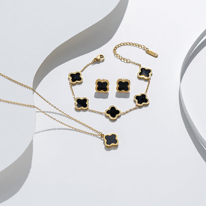 Pulseira trevo de aço titânio, brincos, conjunto de colar 