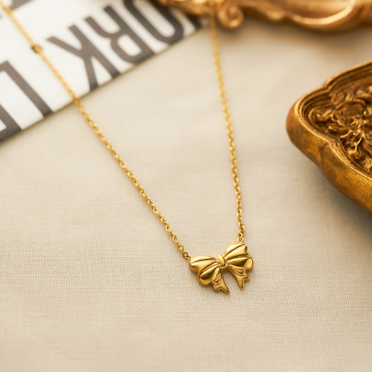 Women's Titanium Steel Bow Necklace & Stud Set — 18K Gold-Plated (Non-Fading)