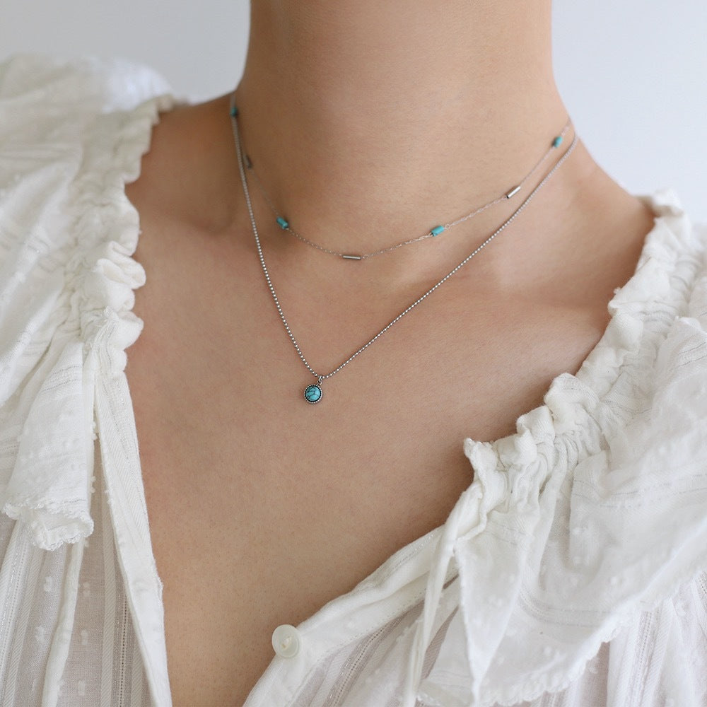 Mint Blue Faux Turquoise Pipe-Bead Layered Clavicle Necklace — Silver Titanium Steel