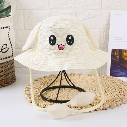 Gorro de paja con orejas de conejo para bebé, protección UV, bonito y divertido 
