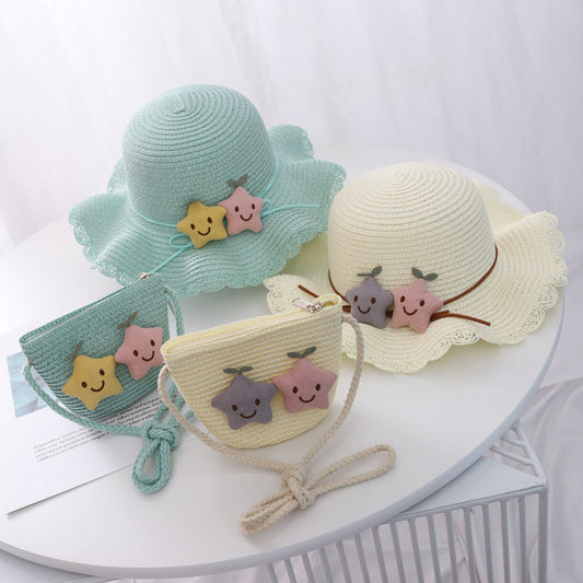 Conjunto de sombrero y bolsa de paja para niña, sombrero de playa con protección solar y rayos UV 