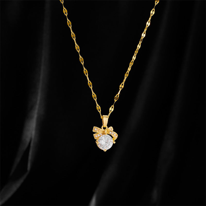 Gold-Plated Titanium Steel Bow Rhinestone Collarbone Necklace
