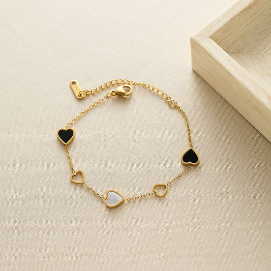 Women's Hollow Heart Stainless Steel Bracelet — Black & White, 18K Gold-Plated, Non-Fading