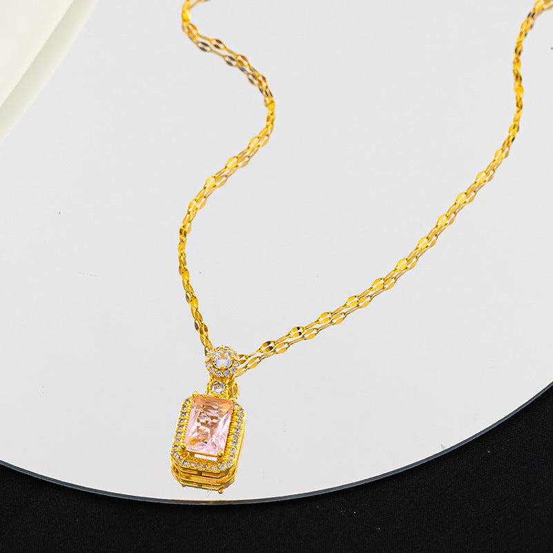 Pink diamond copper plated real gold titanium steel necklace