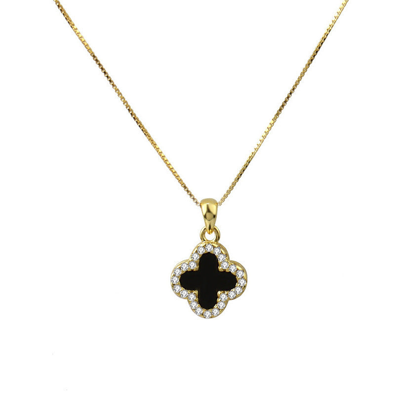 Double-Sided Black & White Four-Leaf Clover Diamond-Accented Pendant Necklace