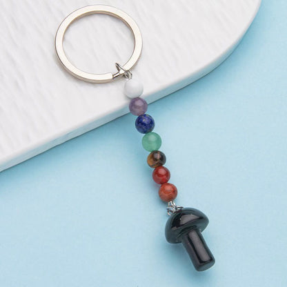 Colorful stone crystal small mushroom pendant stainless steel keychain