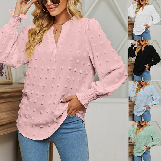 Polka Dot Long Sleeve Bubble Sleeve V-Neck Shirt