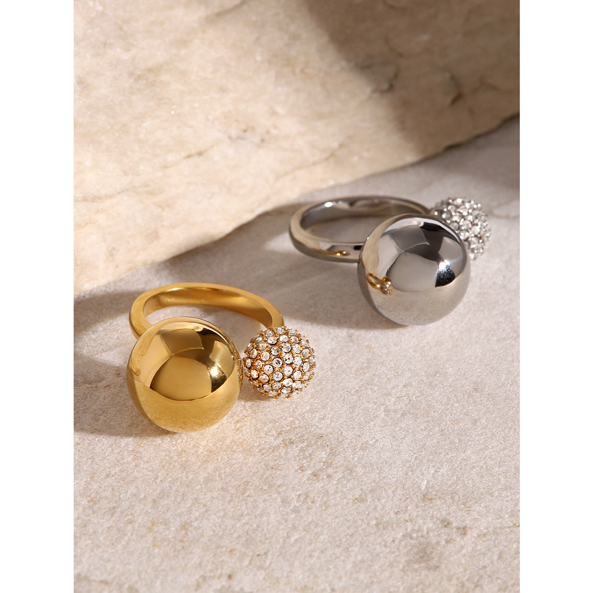 Steel Beads and Rhinestone Open Ring