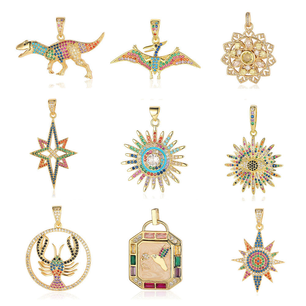 Colgante de cobre y circonita con forma de sol y loto de dinosaurio 