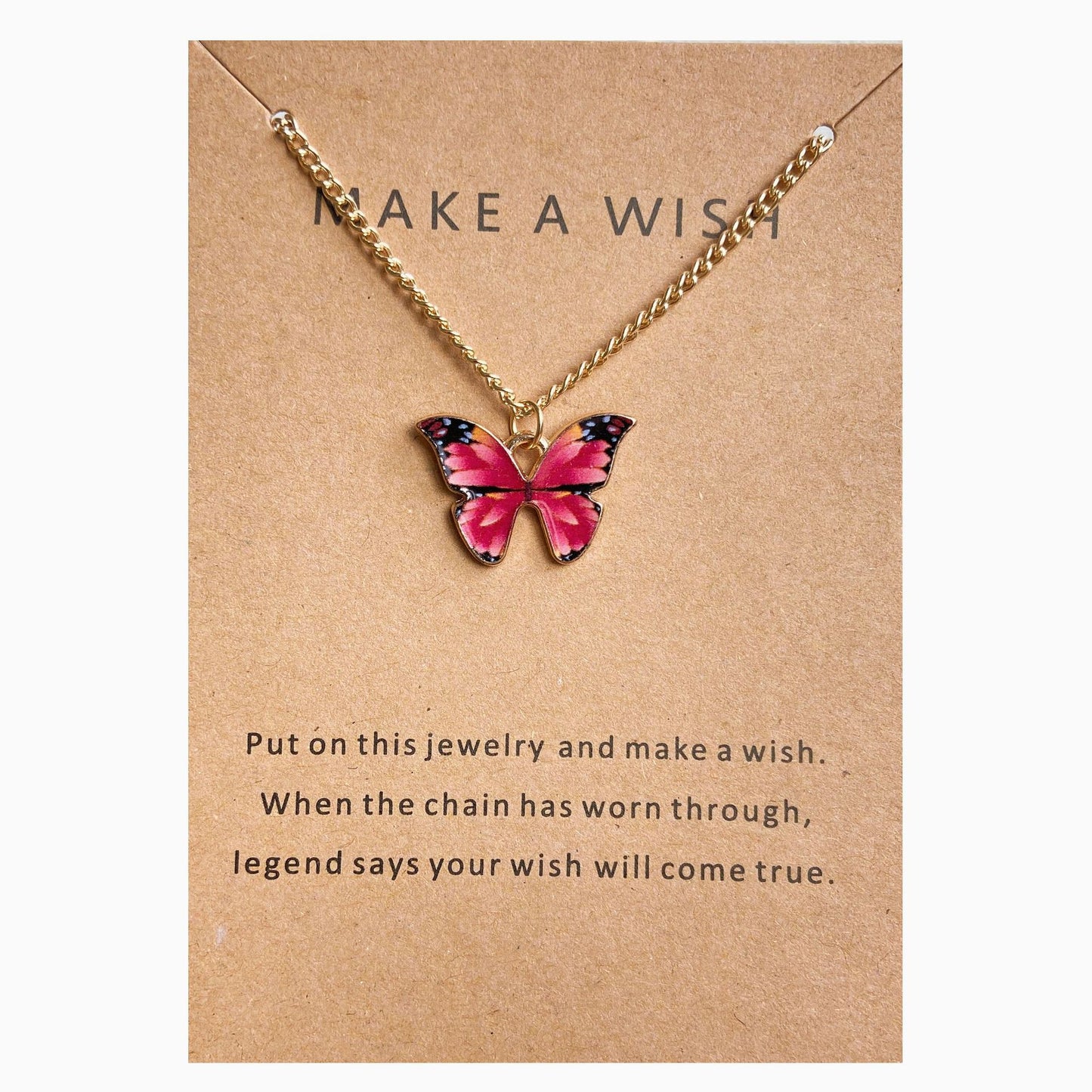 Collar de aleación con forma de mariposa y tarjeta de papel con letras antiguas 