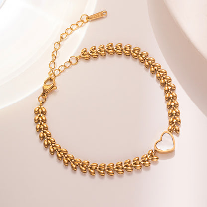Pulseira vintage dourada estilo europeu, padrão de concha de coração de aço inoxidável, joias da moda que não desbotam 