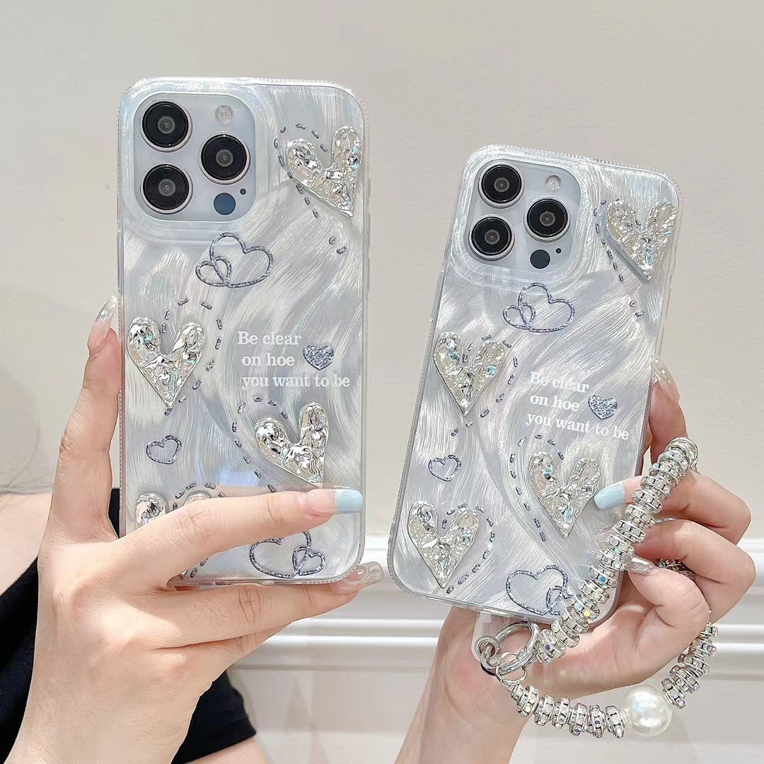 Funda rígida con cadena de corazón fruncida y plumas plateadas para iPhone 15 Pro Max XR 13 